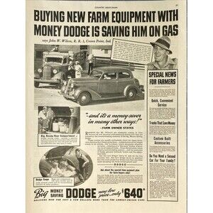Dodge "Buying Farm Equipment with Money Saved on Gas Driving a Dodge" Vtg Ad '36